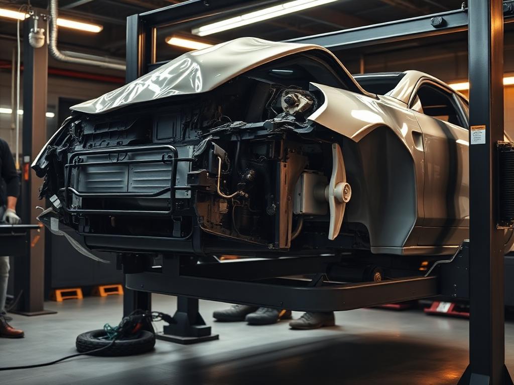 Damaged vehicle on a frame alignment rack inside a collision repair shop