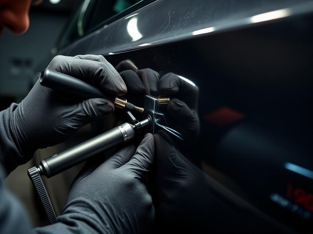 Technician performing paintless dent repair on a car door panel